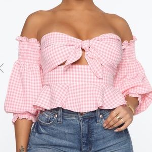 FashionNova plaid off the shoulder shirt